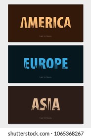 Set of Travel bunners with silhouettes of sights. Time to travel. America, Asia, Europe. Vector illustration