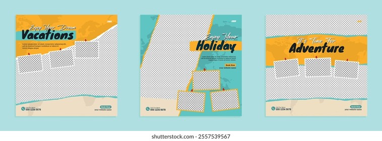 Set of travel business promotion web banner template design for social media. Travelling, tourism or summer holiday tour online marketing flyer, post or poster with abstract background and logo.