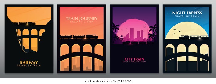 Set of Travel by Train banners. Railway bridge with outdoor landscape. Travel Concept