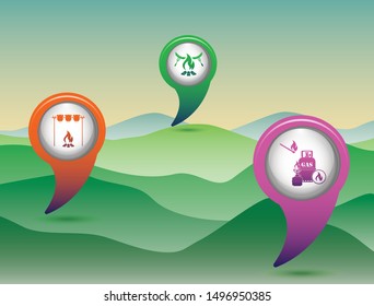 Set of travel and camping equipment icons. Map pointers. Vector illustration