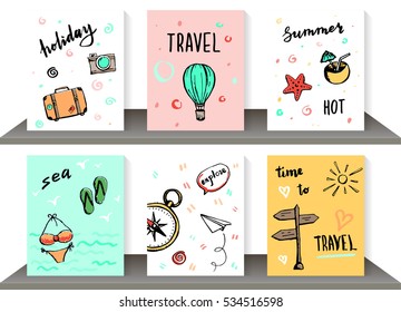 Set of travel card design with hand drawn lettering word: sea, travel, summer, holiday. Cartoon and kid style. Vector illustration for poster, brochure flyer, greeting card, banners.