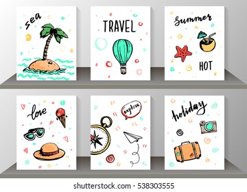 Set of travel card design with hand drawn lettering word: sea, travel, summer, holiday. Cartoon and kid style. Vector illustration for poster, brochure flyer, greeting card, banners.
