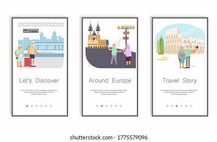 Set of Travel chronicle old people. Screens user interface kit for Journey or Traveler, mobile app templates. Modern UX, UI screen for mobile or responsive website. Flat Art Vector Illustration