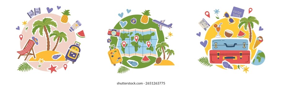 Set of travel collage cliparts with travel and summer conceptual objects isolated. Summer, vacation, travel destination concept. Vector flat illustration.