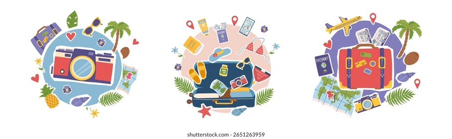 Set of travel collage cliparts with travel and summer conceptual objects isolated on white background. Summer, vacation, travel destination concept. Vector flat illustration.