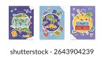 Set of travel collage posters. Vacation, summer and travel destination concepts. Vector flat illustration collection.