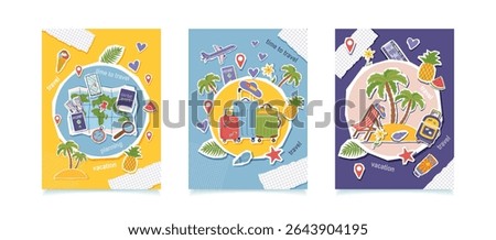 Set of travel collage posters. Vacation background. Travel destinations concept. Vector flat illustration collection.