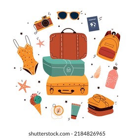 Set of travel. Collection of suitcases and rich, social media stickers. Tropical vacation items. Summer season trip and tourism. Cartoon flat vector illustrations isolated on white background