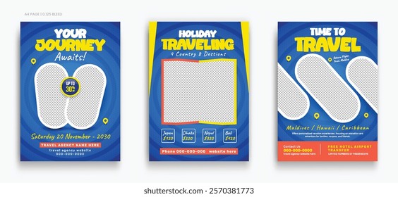 Set of Travel company flyer template. Summer beach holiday, traveling agency business offer promotion. tourism advertisement cover design.