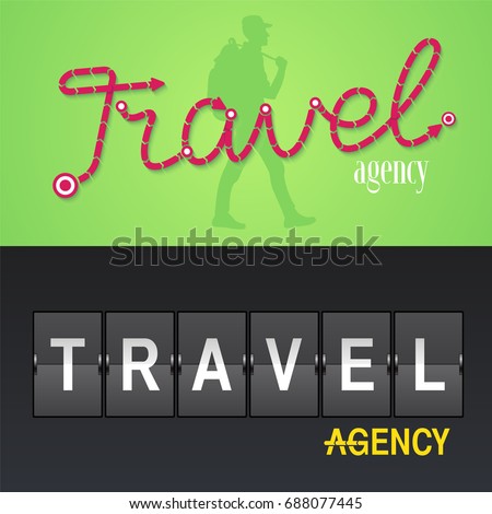 Set of travel company vector logo, icon. Design with airport board and sign Travel Agency, trekker. Tourism concept template elements