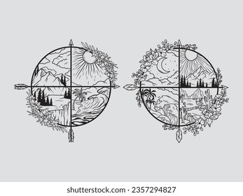 Set of travel compass with natural landscape. Collection of camping compass with nature scenery of mountains, beach, starry night, etc. Journey. Active tourism. Vector graphics on a white background.