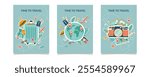 Set of travel concept cards with travel elements. Travel collages. Travel and vacation concept posters. Stickers.