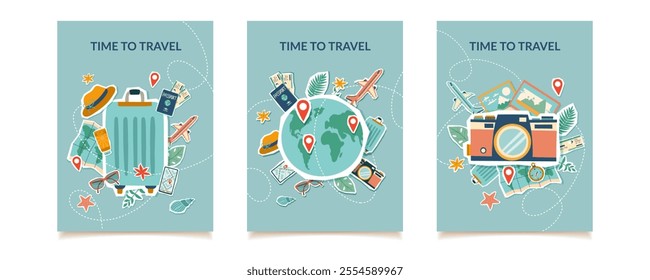 Set of travel concept cards with travel elements. Travel collages. Travel and vacation concept posters. Stickers.