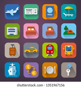 set of travel concept flat icons of resort, cruise and transport