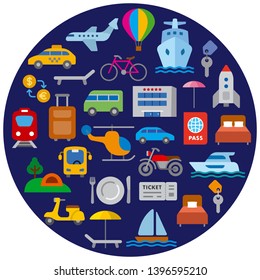 set of travel concept flat icons of resort, cruise and transport