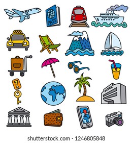 set of travel concept icons of resort, cruise and journey