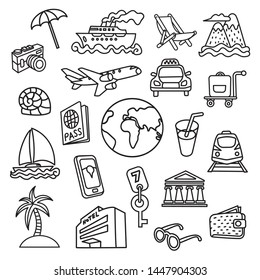 set of travel concept icons for resort, cruise, tourism and journey