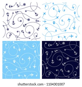Set of travel concept seamless patterns. Abstract airplane with geomethics, anchor and steering wheel. Travel and tourism seamless background isolated on white background. Vector illustration