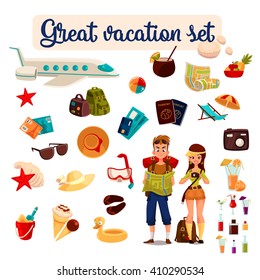 set travel concept summer vacation on the beach, cartoon tourists go hiking in travel between countries, vacation, set of vector elements of icons, card, ticket, airplane, passport, beach stuff, plane