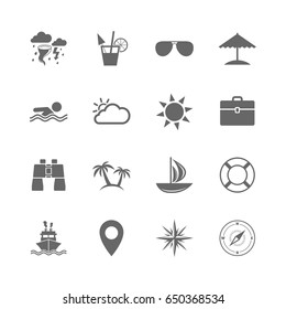 Set of Travel and Cruise icons. Ship, Yacht and Lifebuoy signs. Binoculars, Windrose and Storm symbols. Sun, Swimming and Sunglasses. Isolated flat icons set on white background. Vector