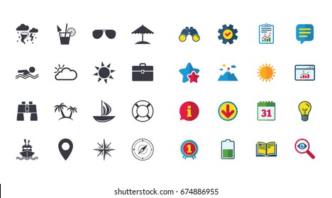 Set of Travel and Cruise icons. Ship, Yacht and Lifebuoy signs. Binoculars, Windrose and Storm symbols. Sun, Swimming and Sunglasses. Calendar, Report and Browser window signs. Vector