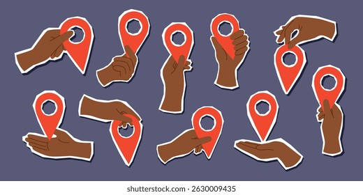 Conjunto de pinos de destino de viagem em mãos humanas isoladas no fundo branco. Ponto de destino. Ilustração desenhada à mão em estilo plano.