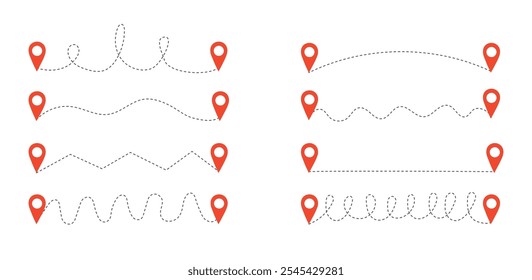 Conjunto de puntos de destino de viaje sobre fondo blanco. Líneas de pista entre los pines de destino.