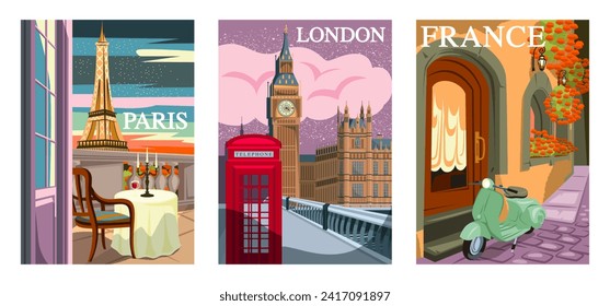 Set of Travel Destination Posters. Cityscapes of London and Paris with famous architectural landmarks. Tourism and journey in Europe. Cartoon flat vector illustrations isolated on white background