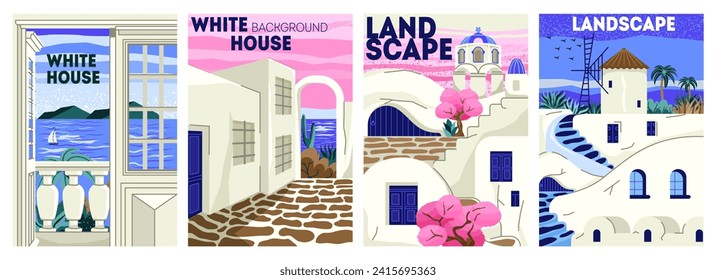 Set of Travel Destination Posters. Covers with Mediterranean landscapes, architectural landmarks and buildings. European summer vacation. Cartoon flat vector illustrations isolated on white background