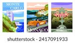 Set of Travel Destination Posters. Landscapes of Monaco and Monte Carlo with beach, historical landmarks and cityscape. Tourism and vacation. Cartoon flat vector illustrations isolated on background