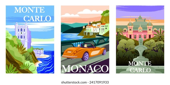 Set of Travel Destination Posters. Landscapes of Monaco and Monte Carlo with beach, historical landmarks and cityscape. Tourism and vacation. Cartoon flat vector illustrations isolated on background