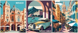 Set Of Travel Destination Posters In Retro Style. Monte Carlo, Monaco Prints With Historical Buildings, Vintage Car, Sea Beach. European Summer Vacation, Holiday Concept. Vector Colorful Illustration