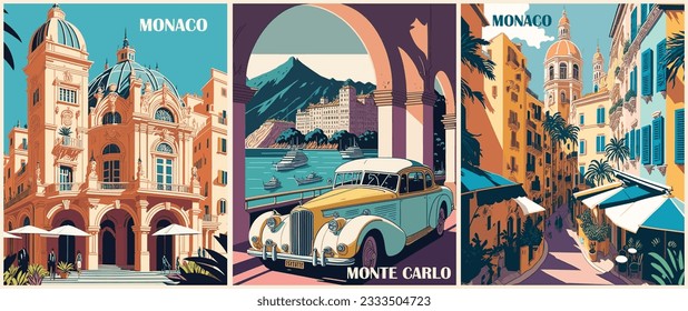 Set of Travel Destination Posters in retro style. Monte Carlo, Monaco prints with historical buildings, vintage car, sea beach. European summer vacation, holiday concept. Vector colorful illustration