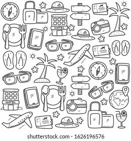 Set of travel doodle elements vector illustration in hand drawn style. Travelling and vacation doodle background 