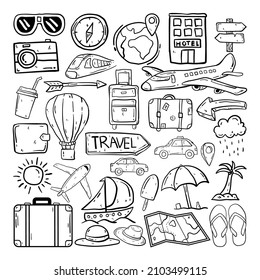 Set Of Travel Doodle Elements Vector Illustration In Hand Drawn Style free vector