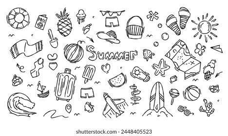 Set of travel doodle hand drawn summer, beach party, vacation and travel doodle elements. Tourism and summer adventure icons. Pictures of travel elements. Summer doodle elements. Summer and rest