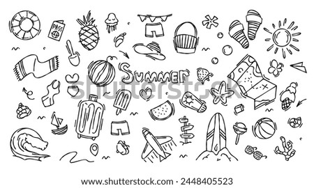 Set of travel doodle hand drawn summer, beach party, vacation and travel doodle elements. Tourism and summer adventure icons. Pictures of travel elements. Summer doodle elements. Summer and rest