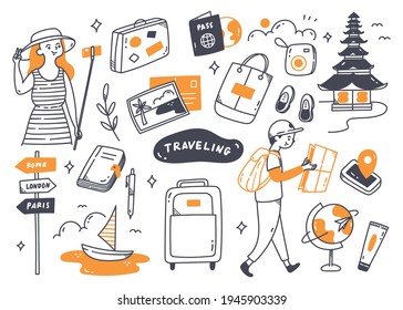 set of travel doodle isolated in white background