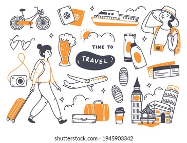 set of travel doodle isolated in white background