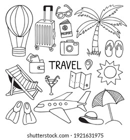 Set Of Travel Doodle. Tourism And Summer Adventure Icons.
Сlipart  With Travelling Elements: Bag, Ticket, Transport, Camera, Map, Palm. Hand Drawn Vector Illustration Isolated On White Background.