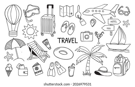 Set of travel doodle. Tourism and summer adventure icons.
Сlipart  with travelling elements: bag, ticket, transport, camera, map. 
Hand drawn vector illustration isolated on white background.