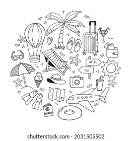 Set of travel doodle. Tourism and summer adventure icons.
Сlipart  with travelling elements: bag, ticket, transport, camera, map. 
Hand drawn vector illustration isolated on white background.
