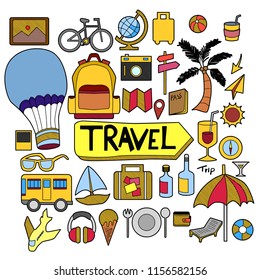 Set of Travel doodle vector. Creative colour art hand draw illustration on white
