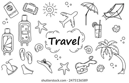 Set of Travel Doodles, Collection of Hand Drawn Icons, Summer, Vacation, Concept, Outline, Sketch, Vector Illustration
