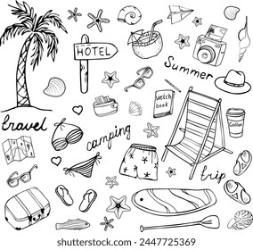 A set of travel doodles, isolated images on a white background, a set of vacation and leisure items