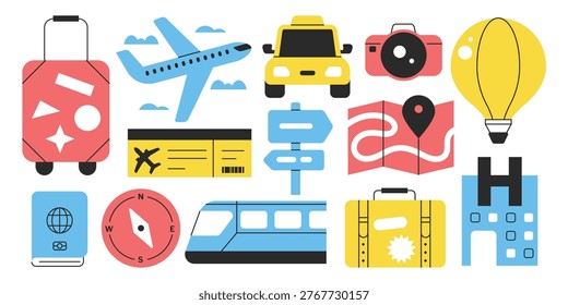 Set of Travel element collection simple minimal style. Airplane, Taxi, Baggage, Hotels, Vacation stuff.