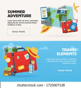 Set of travel elements banners. Summer vacation background flat design. Vector illustration.	