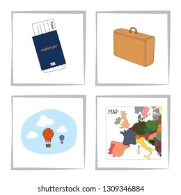 Set of travel elements. Blue passport with a ticket, suitcase, map of europe, hot air balloons in the sky. Vector illustration