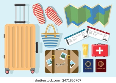 Set von Reise-Elementen im Cartoon-Stil. Vektorillustration von wunderschönen Ikonen: Koffer, Flip Flops, Tickets, Karte, Strandtasche, Koffer, Sonnencreme, Erste-Hilfe-Kit isoliert auf hellblauem Hintergrund.