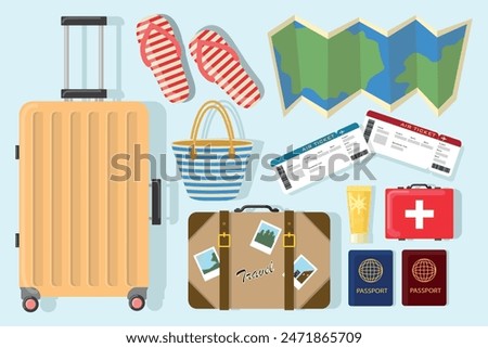 Set of travel elements in cartoon style. Vector illustration of beautiful icons: suitcase, flip flops, tickets, map, beach bag, suitcase, sunscreen, first aid kit isolated on light blue background.